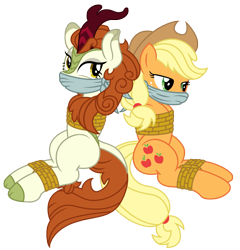 Size: 3215x3344 | Tagged: safe, artist:radiantrealm, edit, applejack, autumn blaze, earth pony, kirin, pony, g4, arm behind back, autumnsub, bondage, bound and gagged, cloth gag, damsel in distress, duo, duo female, female, gag, high res, mare, over the nose gag, rope, rope bondage, simple background, sitting, tied up, transparent background