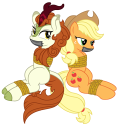 Size: 3215x3344 | Tagged: safe, artist:radiantrealm, edit, applejack, autumn blaze, earth pony, kirin, pony, g4, applesub, arm behind back, autumnsub, bondage, bound and gagged, damsel in distress, duo, female, femsub, gag, high res, mare, rope, rope bondage, simple background, submissive, tape, tape gag, tied up, transparent background