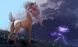 Size: 6000x3590 | Tagged: safe, artist:luna dave, oc, oc only, pony, body markings, butt, cloud, concave belly, flower, flower in hair, freckles, grass, horn, horns, lightning, looking in the distance, plot, ram horns, realistic horse legs, scenery, solo, storm, trade