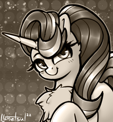 Size: 848x908 | Tagged: safe, artist:llametsul, starlight glimmer, pony, unicorn, g4, blushing, chest fluff, cute, female, looking at you, mare, monochrome, signature, smiling, smiling at you, solo