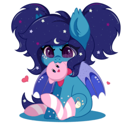 Size: 1397x1397 | Tagged: safe, artist:yomechka, oc, oc only, oc:eclipsia, bat pony, pony, animated, bat pony oc, biting, clothes, cute, daaaaaaaaaaaw, ethereal mane, eye clipping through hair, eyebrows, eyebrows visible through hair, gif, heart, kirby, kirby (series), looking up, ocbetes, plushie, shadow, simple background, sitting, socks, solo, spread wings, striped socks, tail, tail wag, white background, wings