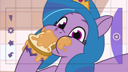 Size: 1920x1080 | Tagged: safe, screencap, izzy moonbow, pony, unicorn, g5, my little pony: tell your tale, nightmare roommate, spoiler:g5, spoiler:my little pony: tell your tale, spoiler:tyts01e04, bread, camera shot, crown, eating, female, food, herbivore, jewelry, mare, peanut butter, puffy cheeks, regalia, selfie, solo
