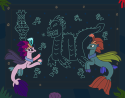 Size: 3062x2399 | Tagged: safe, artist:supahdonarudo, queen novo, oc, oc:king waverider, leviathan, sea serpent, seapony (g4), g4, my little pony: the movie, barnacles, bioluminescent, bubble, clam, coral, crown, dorsal fin, fin, fin wings, fins, fish tail, floppy ears, flowing mane, flowing tail, high res, jewelry, ocean, open mouth, pearl, queen novo's orb, regalia, seaquestria, seaweed, story included, swimming, tail, talking, underwater, water, wings