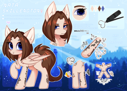 Size: 4158x3000 | Tagged: safe, artist:pesty_skillengton, oc, oc only, oc:natea, pegasus, pony, blue eyes, chest fluff, cute, ear fluff, female, frown, high res, looking at you, mare, ocbetes, pegasus oc, raised hoof, reference sheet, smiling, smiling at you, solo, tattoo, wing fluff, wings