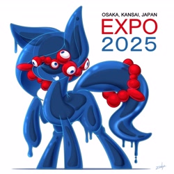 Size: 4096x4096 | Tagged: safe, artist:zemlya, pony, expo 2025, japan, japanese, kansai, mascot, multiple eyes, open mouth, osaka, ponified, raised hoof, simple background, solo, white background