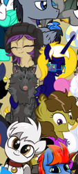 Size: 1080x2400 | Tagged: safe, artist:php178, artist:t72b, derpibooru exclusive, oc, oc only, oc:moon pearl, oc:tenk pone, oc:time vortex (kaifloof), oc:zima the wolf, alicorn, pony, wolf, 2022 community collab, derpibooru community collaboration, .svg available, alicorn oc, bell, bell collar, coat markings, collar, cropped, cute face, cute smile, dog nose, duo focus, eyebrows, folded wings, front view, fur, glasses, grin, hoof around neck, horn, lidded eyes, looking at you, mane, multicolored eyes, multicolored iris, owned, paws, pet, petting, raised hoof, sitting, smiling, smiling at you, sparkles, tail, vector, wings
