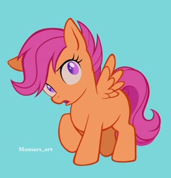Size: 1972x2048 | Tagged: safe, artist:mn27, scootaloo, pegasus, pony, g4, blank flank, blue background, female, filly, foal, full body, high res, hooves, open mouth, raised hoof, signature, simple background, solo, spread wings, wings