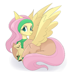 Size: 1600x1600 | Tagged: safe, artist:ie nebulizer, fluttershy, pegasus, pony, g4, clothes, crossover, female, mare, plushie, simple background, solo, teddy bear, white background