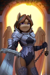 Size: 1379x2048 | Tagged: safe, artist:mrscroup, oc, oc only, oc:electric dawn, pegasus, anthro, armor, female, looking at you, solo, sword, weapon