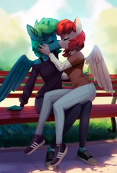 Size: 1382x2048 | Tagged: safe, artist:mrscroup, oc, oc only, oc:emerald, oc:firefly, pegasus, anthro, bench, bra, bra strap, clothes, converse, female, jeans, kissing, lesbian, pants, shoes, sitting on lap, sneakers, underwear