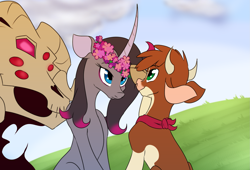 Size: 1701x1155 | Tagged: safe, artist:thescornfulreptilian, arizona (tfh), fhtng th§ ¿nsp§kbl, oleander (tfh), classical unicorn, cow, pony, unicorn, them's fightin' herds, community related, curved horn, floral head wreath, flower, horn