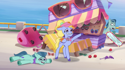Size: 1920x1080 | Tagged: safe, screencap, delightful trifle, fifi (g5), rufus, earth pony, pegasus, pony, g5, my little pony: tell your tale, zipp's flight school, spoiler:g5, spoiler:my little pony: tell your tale, spoiler:tyts01e02, female, glasses, grin, male, mare, nervous, nervous smile, smiling, stallion, sunglasses, vendor stall