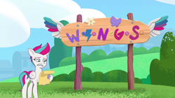 Size: 1920x1080 | Tagged: safe, screencap, zipp storm, pegasus, pony, g5, my little pony: tell your tale, zipp's flight school, spoiler:g5, spoiler:my little pony: tell your tale, spoiler:tyts01e02, female, mare, outdoors, paper, sign, solo, w.i.n.g.s., wonderful institute of no-gravity skywalking
