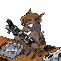 Size: 1500x1500 | Tagged: safe, alternate version, artist:hiddenfaithy, oc, oc only, oc:umber, bat pony, pony, commission, ear fluff, fangs, gauss rifle, grin, gun, holding, repairing, simple background, smiling, solo, transparent background, weapon