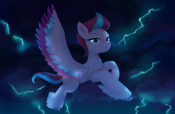 Size: 5290x3444 | Tagged: safe, artist:saphypone, zipp storm, pegasus, pony, g5, my little pony: a new generation, absurd resolution, cloud, female, flying, lightning, looking at you, mare, smiling, smiling at you, solo, spread wings, stormcloud, wings