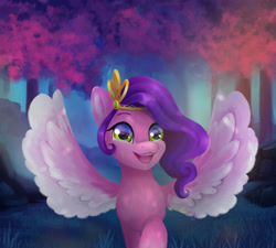 Size: 1280x1153 | Tagged: safe, artist:saphypone, pipp petals, pegasus, pony, g5, forest, smiling, solo, spread wings, wings