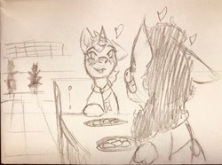 Size: 1010x750 | Tagged: safe, artist:hiddenfaithy, oc, oc only, oc:misty sparks, oc:skyfire lumia, pegasus, pony, unicorn, fallout equestria, fallout equestria: uncertain ties, blushing, clothes, diner, eating, heart, jumpsuit, pencil drawing, sketch, traditional art, vault suit, wings