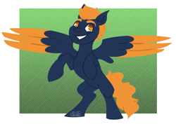 Size: 1421x1007 | Tagged: safe, artist:hiddenfaithy, oc, oc only, oc:cobalt sky, pegasus, pony, bipedal, colored wings, colored wingtips, lineless, simple background, smiling, spread wings, wings