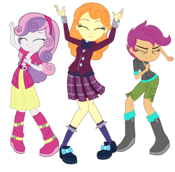 Size: 3500x3443 | Tagged: safe, artist:gmaplay, orange sherbette, scootaloo, sweetie belle, equestria girls, g4, my little pony equestria girls: friendship games, background human, boots, clothes, crystal prep academy uniform, dancing, eyes closed, female, grin, high res, school uniform, shoes, simple background, skirt, smiling, transparent background, trio, trio female, uniform