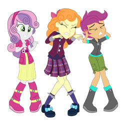 Size: 3500x3443 | Tagged: safe, artist:gmaplay, orange sherbette, scootaloo, sweetie belle, equestria girls, g4, my little pony equestria girls: friendship games, background human, boots, clothes, covering ears, crystal prep academy uniform, eyes closed, female, frown, high res, school uniform, scootaloo is not amused, shoes, simple background, skirt, sweetie belle is not amused, teeth, transparent background, trio, trio female, unamused, uniform