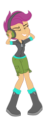 Size: 1195x3443 | Tagged: safe, artist:gmaplay, scootaloo, equestria girls, g4, boots, clothes, eyes closed, female, grin, headphones, high res, hoodie, shoes, shorts, simple background, smiling, solo, transparent background