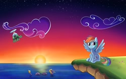 Size: 2377x1496 | Tagged: safe, artist:dyonys, rainbow dash, steven magnet, tank, pegasus, pony, sea serpent, tortoise, g4, cloud, commission, female, flying, looking at you, male, mare, ocean, scenery, sitting, smiling, smiling at you, spread wings, sun, sunset, trio, water, wings
