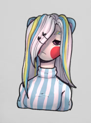 Size: 710x956 | Tagged: safe, artist:meggychocolatka, oc, oc only, human, blush sticker, blushing, bust, clothes, eared humanization, gray background, hair over one eye, humanized, simple background, solo