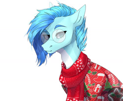 Size: 1280x1048 | Tagged: safe, artist:meggychocolatka, oc, oc only, earth pony, pony, bust, clothes, earth pony oc, glasses, scarf, simple background, solo, sweater, white background