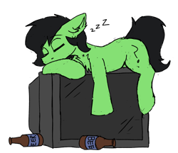 Size: 1460x1264 | Tagged: safe, artist:reddthebat, oc, oc only, oc:filly anon, earth pony, pony, alcohol, beer, beer bottle, bottle, female, filly, foal, simple background, sleeping, solo, television, transparent background