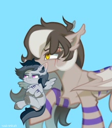 Size: 1752x2000 | Tagged: safe, artist:rrd-artist, oc, oc only, bat pony, pegasus, pony, crossed arms, holding a pony, mouth hold, unamused