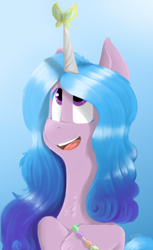 Size: 1100x1800 | Tagged: safe, artist:sinrar, izzy moonbow, butterfly, pony, unicorn, g5, bracelet, female, gradient background, jewelry, looking up, mare, open mouth, open smile, signature, smiling, solo