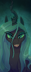 Size: 619x1440 | Tagged: safe, artist:shaslan, queen chrysalis, changeling, changeling queen, g4, bust, crown, female, jewelry, looking at you, portrait, regalia, simple background, smiling, solo