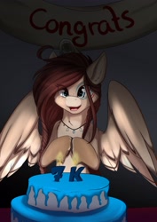 Size: 2896x4096 | Tagged: safe, artist:melodisde, oc, oc only, oc:ondrea, pegasus, pony, banner, bone, cake, eye clipping through hair, female, food, high res, jewelry, mare, open mouth, open smile, pegasus oc, skull, smiling, solo, spread wings, wings