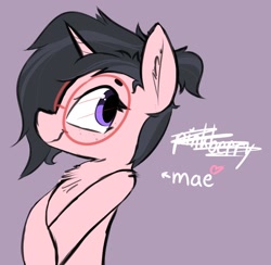 Size: 1458x1424 | Tagged: safe, artist:pinkberry, oc, oc:mae (pinkberry), pony, unicorn, colored sketch, female, freckles, glasses, round glasses, self insert, solo, text