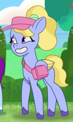 Size: 494x825 | Tagged: safe, screencap, fifi (g5), pegasus, pony, g5, my little pony: tell your tale, zipp's flight school, spoiler:g5, spoiler:my little pony: tell your tale, spoiler:tyts01e02, adorafifi, bag, colored wings, cropped, cute, female, hat, mare, offscreen character, shoulder bag, solo, two toned wings, wings