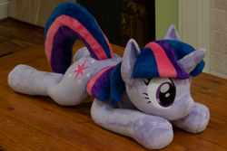 Size: 3986x2657 | Tagged: safe, artist:azgchip, twilight sparkle, pony, unicorn, g4, commission, cute, female, high res, irl, lying down, mare, photo, plushie, solo, twiabetes, twilight sparkle plushie, unicorn twilight