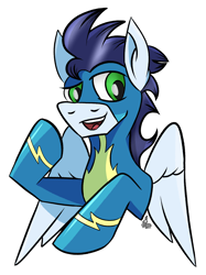 Size: 1018x1363 | Tagged: safe, artist:whirlwindflux, soarin', pegasus, pony, g4, clothes, male, open mouth, open smile, simple background, smiling, solo, stallion, transparent background, uniform, wonderbolts, wonderbolts uniform