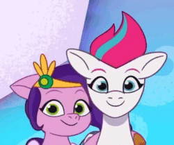 Size: 385x322 | Tagged: safe, screencap, pipp petals, zipp storm, pegasus, pony, g5, my little pony: tell your tale, spoiler:g5, spoiler:my little pony: tell your tale, animated, blinking, bouncing, credits, cropped, duo, duo female, ear flick, female, front view, gif, grin, headbob, hoof around neck, looking at you, mare, siblings, side hug, sisters, smiling, smiling at you
