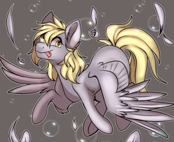 Size: 2048x1669 | Tagged: safe, artist:diethtwoo, derpy hooves, pegasus, pony, g4, :p, bubble, derp, feather, female, gray background, mare, signature, simple background, smiling, solo, tongue out