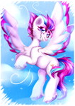 Size: 1280x1807 | Tagged: safe, artist:pozya1007, zipp storm, pegasus, pony, g5, cloud, colored wings, eyebrows, female, flying, grin, looking at you, mare, multicolored wings, signature, sky, smiling, smiling at you, solo, spread wings, wings