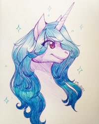 Size: 1560x1950 | Tagged: safe, artist:sn0wy18, izzy moonbow, pony, unicorn, g5, bust, female, mare, pen drawing, portrait, profile, signature, smiling, solo, traditional art