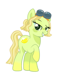 Size: 1663x2115 | Tagged: safe, artist:lavender-bases, artist:vernorexia, earth pony, pony, base used, blonde, crossover, female, food, goggles, gradient hooves, gradient legs, green coat, lemon, lemon meringue (strawberry shortcake), lightning, mare, mechanic, ponified, short hair, short mane, show accurate, simple background, solo, strawberry shortcake, strawberry shortcake berry in the big city, tomboy, transparent background, wavy mane