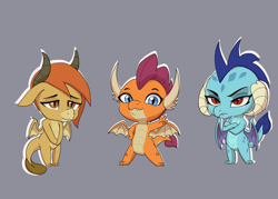Size: 3500x2500 | Tagged: safe, artist:chedx, ocellus, princess ember, smolder, dragon, g4, chibi, crossed arms, cute, disguise, disguised changeling, dragon ocellus, dragon wings, dragoness, female, frown, gray background, hand on hip, high res, looking at you, peace sign, simple background, smiling, smiling at you, smolderbetes, spread wings, trio, trio female, wings
