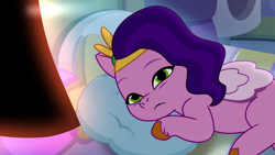 Size: 1920x1080 | Tagged: safe, screencap, pipp petals, pegasus, pony, g5, my little pony: tell your tale, nightmare roommate, spoiler:g5, spoiler:my little pony: tell your tale, spoiler:tyts01e04, adorapipp, bed, cute, female, mare, pillow, sleepy, solo, squint, tired eyes, waking up