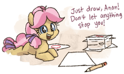 Size: 595x354 | Tagged: safe, artist:plunger, kettle corn, earth pony, pony, g4, exclamation point, female, filly, foal, implied anon, looking at you, lying down, missing cutie mark, motivational, offscreen character, open mouth, open smile, paper, pencil, ponybooru import, prone, smiling, solo, talking, talking to viewer
