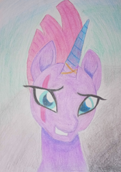 Size: 2233x3161 | Tagged: safe, artist:averkoswolf, derpibooru exclusive, fizzlepop berrytwist, tempest shadow, pony, unicorn, g4, my little pony: the movie, broken horn, colored pencil drawing, eye scar, female, high res, horn, mare, scar, solo, tempest gets her horn back, traditional art