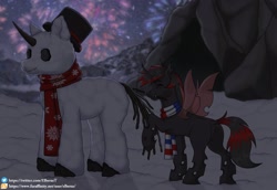 Size: 2880x1980 | Tagged: safe, artist:elberas, oc, oc only, changeling, changeling queen, cave, changeling queen oc, clothes, eyes closed, female, fireworks, hat, night, outdoors, raised hoof, red changeling, scarf, smiling, snowpony, stars, striped scarf