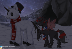 Size: 1280x880 | Tagged: safe, alternate version, artist:elberas, oc, oc only, changeling, changeling queen, cave, changeling queen oc, clothes, eyes closed, female, hat, night, outdoors, raised hoof, red changeling, scarf, smiling, snowpony, stars, striped scarf
