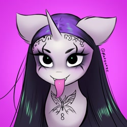 Size: 2048x2048 | Tagged: safe, artist:katputze, pony, unicorn, bust, eyeshadow, female, high res, makeup, mare, piercing, ponified, purple background, simple background, solo, tattoo, tongue out, tongue piercing