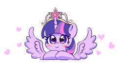 Size: 1816x1007 | Tagged: safe, artist:leo19969525, twilight sparkle, alicorn, pony, g4, big crown thingy, crown, cute, element of magic, heart, horn, jewelry, looking at you, regalia, simple background, smiling, smiling at you, solo, spread wings, twiabetes, twilight sparkle (alicorn), white background, wings